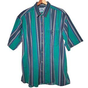 Vintage 1990s Denim Express Shirt Men L Teal Retro Stripes Short Sleeve